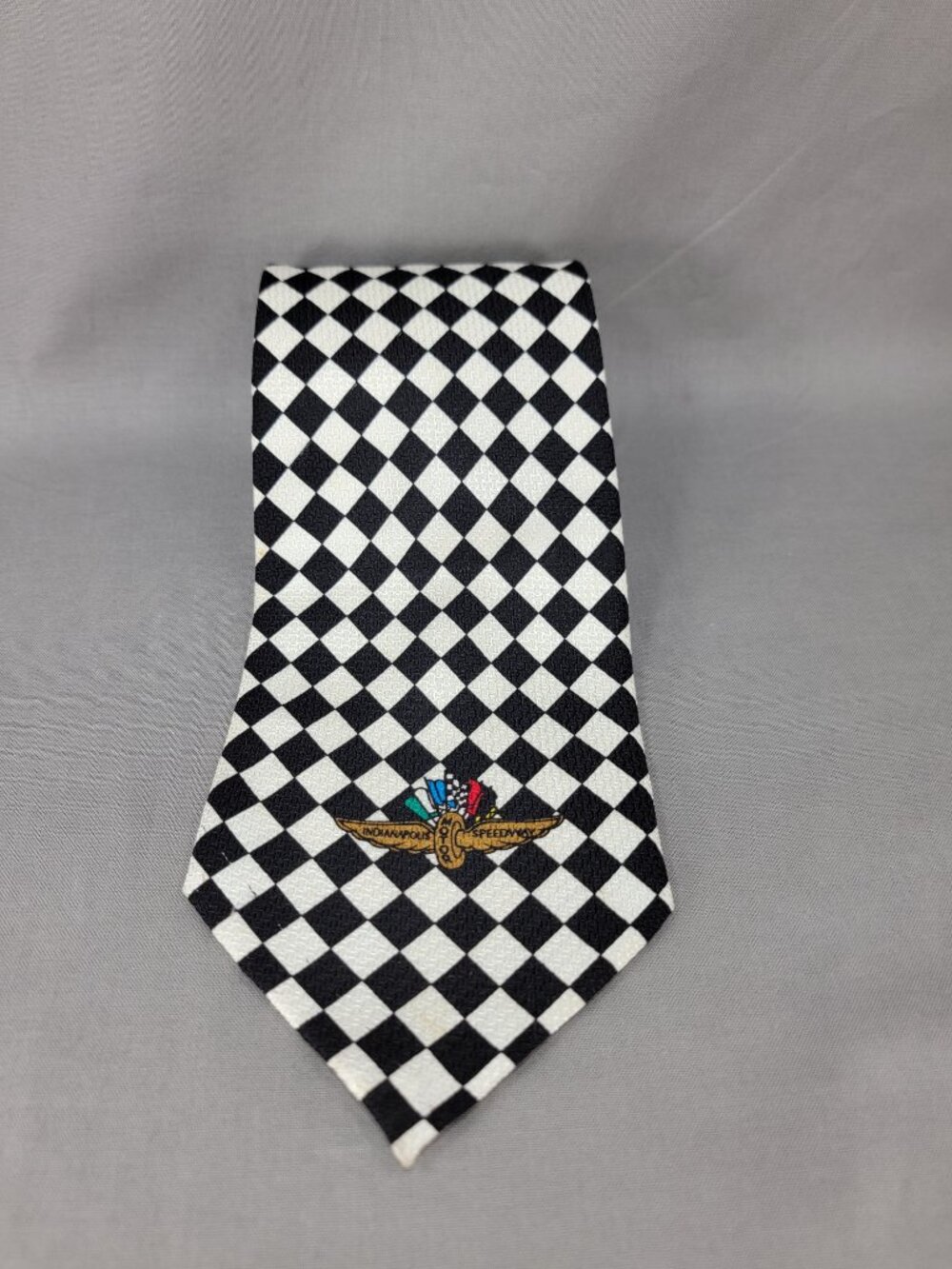 Indianapolis Speedway Necktie Mens Black White Check Silk Why Knot Tie Hand Made